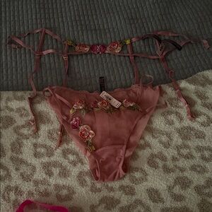 Victoria’s Secret Floral Embroidered Pink panty and garter brand new with tags